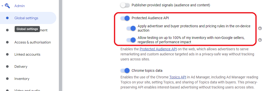 Google AdManager PA API global settings