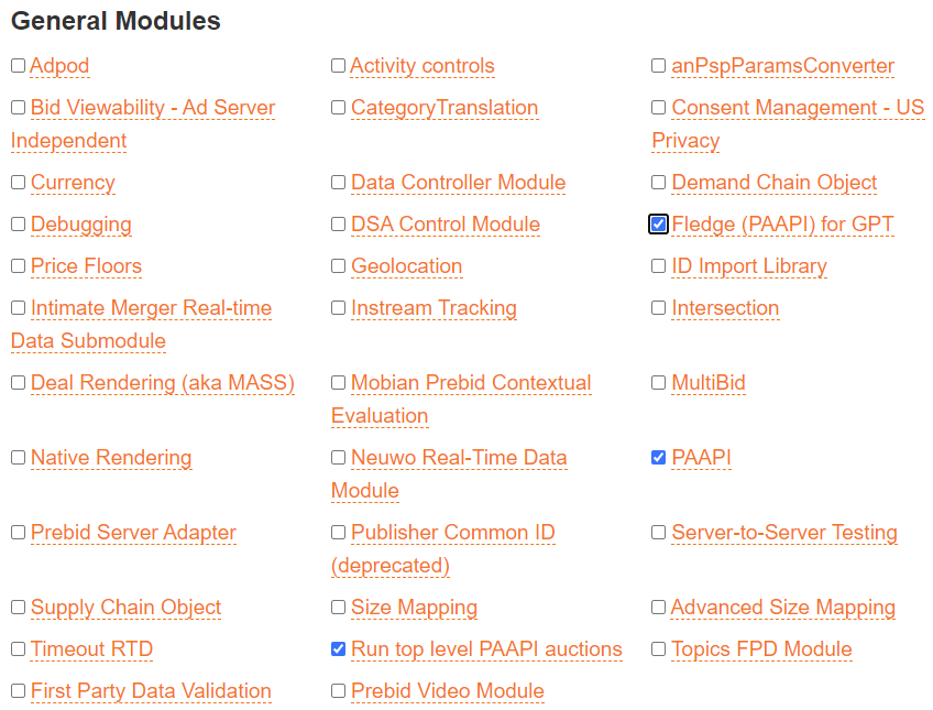 'PAAPI', 'Fledge for GPT' and 'Run top level PAAPI auctions' modules selected